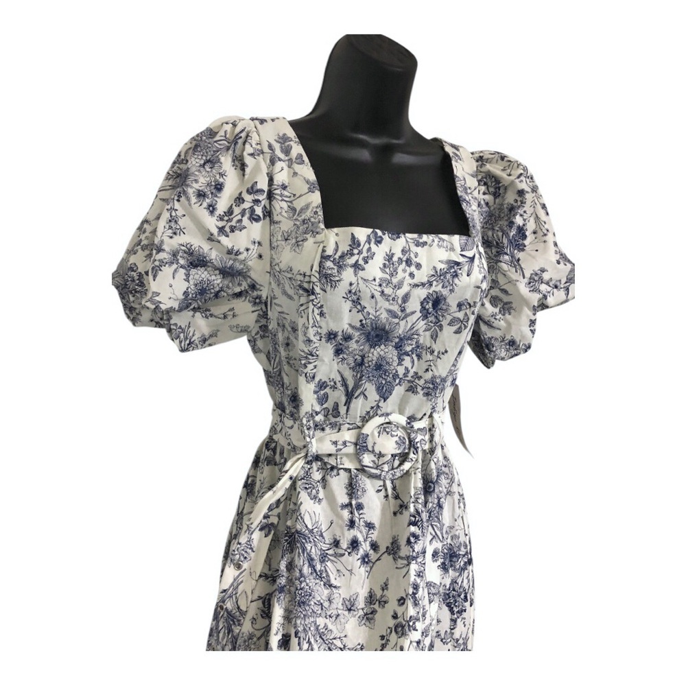 Cream‎ blue floral puff sleeve belted smocked square neck nap dress size medium - Picture 16 of 17